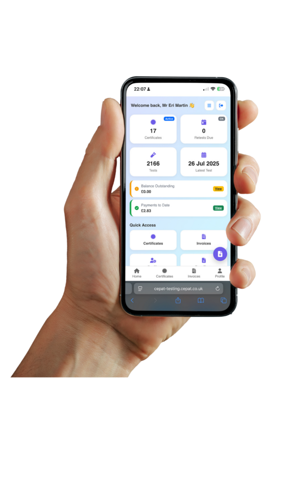 CEPAT mobile dashboard shown on a phone in hand